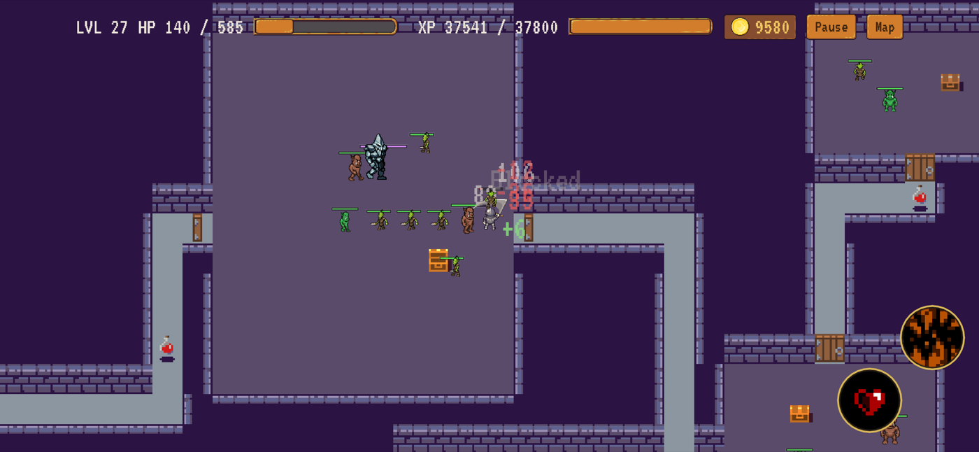 GloomDeep real-time combat: a pixel-art hero fights a pack of goblins in a stone dungeon corridor.