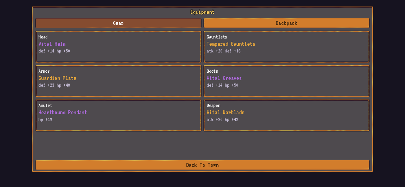 The GloomDeep inventory screen showing six equipment slots and loot of different rarity tiers.
