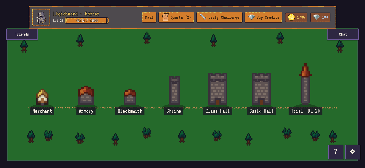 The GloomDeep town hub, where players restock, visit the Blacksmith, and launch a new dungeon run.